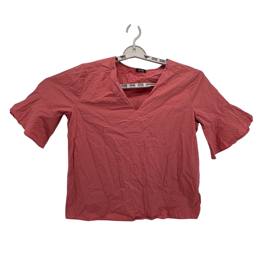 Oltre Blouse Womens 10 Pink V-Neck‎ Flutter Sleeve Cotton Poplin Solid Top